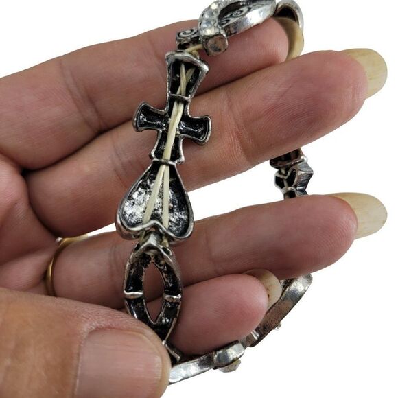 Silver Bracelet Stretch Beaded Inspirational Religious Heart Cross Ichthys - Picture 5 of 5